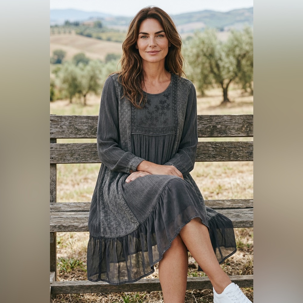 Embroidered Charcoal Long-Sleeve Peasant Dress
